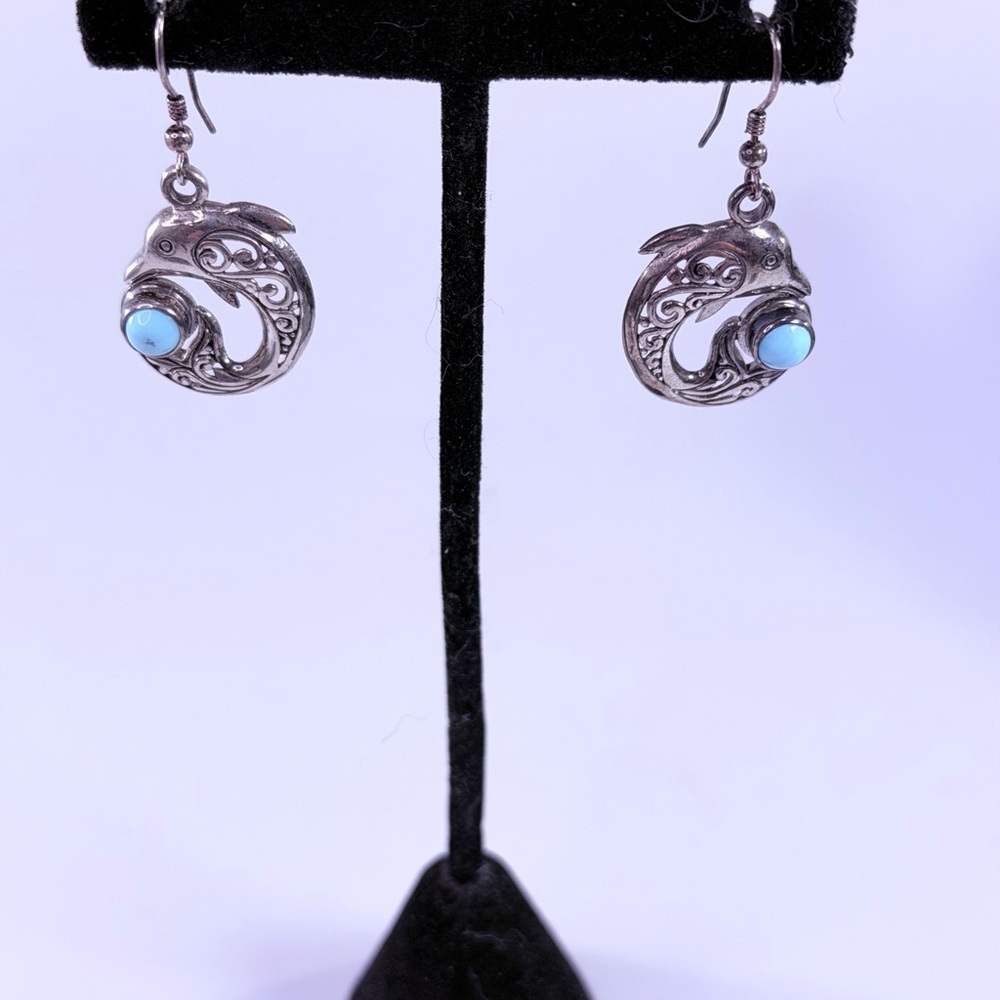 Vintage Sterling Silver Dolphin Turquoise Dangle Pierced Earrings Filigree